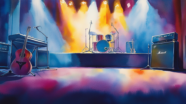 An empty stage with instruments