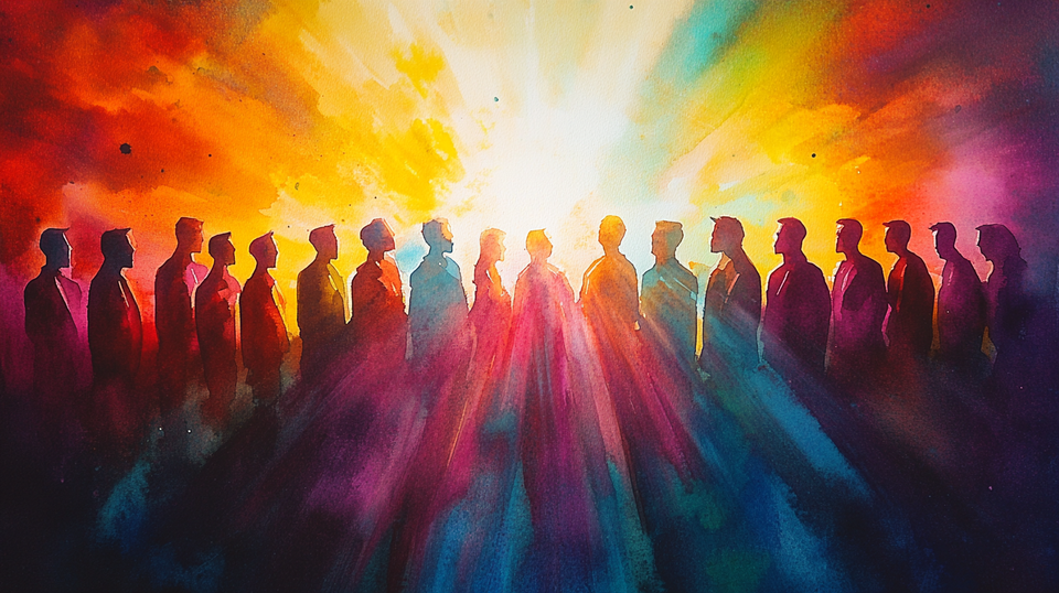 Many people facing different directions